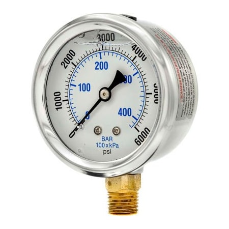 Engineered Specialty Products, Inc Pic Gauges 2-1/2" Vacuum Gauge, Liquid Filled, 6000 PSI, Stainless Case, Lower Mount, PRO-201L-254R PRO-201L-254S